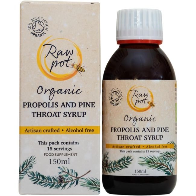 RAW POT Organic Propolis and Pine Throat Syrup | 100% Pure Raw Bee Propolis Extract & Pine Oil - Soothing Relief for Coughs and Sore Throats – Flu & Cold Support, Alcohol-Free | Kids & Adults (150 ml)