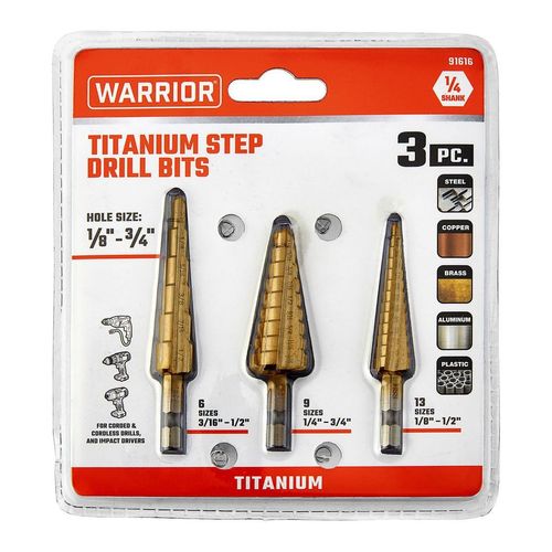 Warrior 3 Piece Titanium Nitride Coated High Speed Steel Step Drills