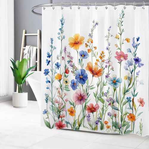 LB Spring Pink Floral Shower Curtain for Bathroom, Garden Nature Plant Blue and Yellow Wildflower Fabric Shower Curtain with Hooks,Green Leaf Botanical Bathroom Curtain Shower Set, 72" W x 72" L