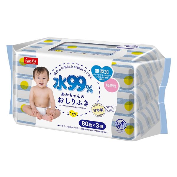 Pure Water Baby Care, Lec, 99% Pure Water, Wipes, 80 Sheets x 3 Pieces (240 Sheets), Weak Acid, Made in Japan