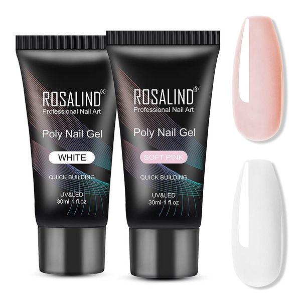 ROSALIND Soft Pink&White Poly Extension Gel for Nails, 2 PCS 30ml White Poly Nail Gel Light Pink Poly Builder for Nail Gel Acrylic Extension, Poly Nail Colors in Tube for Gel Nail Extension