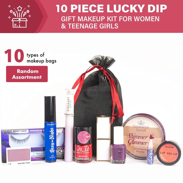 Makeup Set Glamza 10 Piece Lucky Dip Gift Makeup Kit for Women & Teenage Girls - Includes 10 Makeup Items In Black Organza Beauty Bag