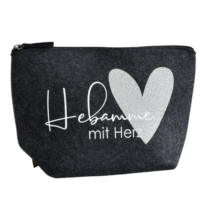 Geschenkidee für die Hebamme | Hebamme mit Herz | Filztasche als Dankeschön | Hebammentasche | Geschenk beste Hebamme | Dunkelgrau Silber