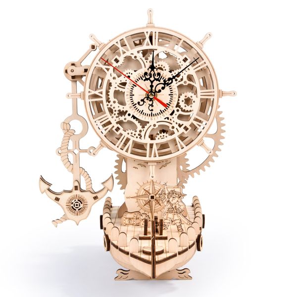 Pirate Ship Clock 3D Wooden Puzzles for Adults, Wooden Models for Adults to Build DIY 3D Puzzle Mechanical Clock Kit, Clock Making Kits Gift for Adults and Kids