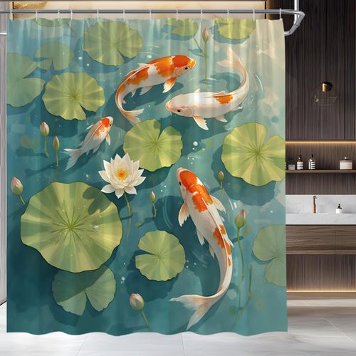 Gold Fish Shower Curtain Lotus Watercolor Retro Asian Art Traditional Garden Zen Spa Fabric for Bathroom Decor Bathtub with Hooks(70" WX70 H)