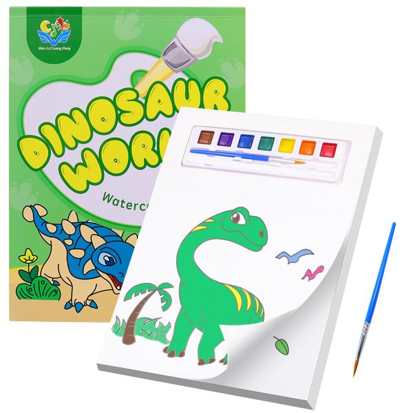 Huyerdo Dinosaur Paint with Water Coloring Books for Kids, Mess Free Watercolor Painting Book with 2 Brushes, Arts and Crafts Kit Travel for Kids Ages 3 to 8 Years