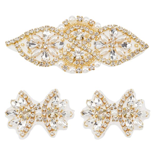 FINGERINSPIRE 3Pcs Rhinestone Applique for Wedding Dress 2 Style Gold Iron on/Sew Rhinestone Pearls Beads Patch Flower/Bow Tie Shape Hotfix Applique for Dress, Headpiece, Belt, Shoes or Bags