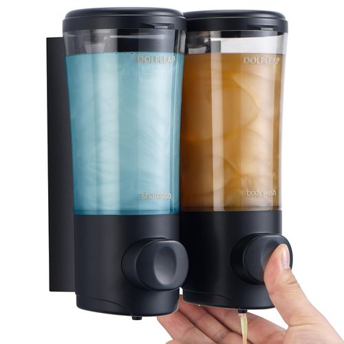 Shampoo Conditioner Body Wash Dispenser No Drill Shower Soap Dispenser Wall Mounted Shampoo Dispenser 2 Chamber with Upgrade Pump Head Bathroom Soap Dispenser 450ml/Each Black