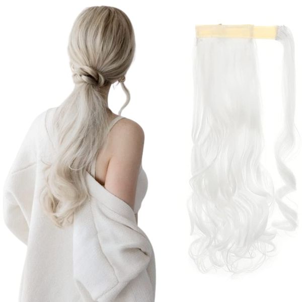 17" Long Curly Wavy Wrap Around Ponytail Clip in Hair Extensions One Piece Hairpiece Magic Tape in Pony Tail Extension for Women White