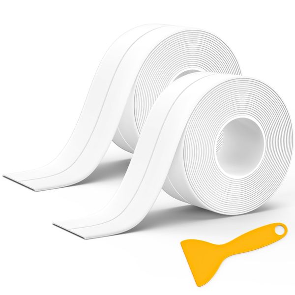 2 Rolls Bath Sealant Strip Self Adhesive, Caulk Strip, Bathroom Sealant White Waterproof, Sealant Tape for Bathtub Toilet, Shower, Wall Corner, Sink, Kitchen, with Sealing Tool (126 x 1.5in)