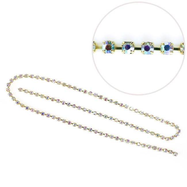 Nail Parts Chain, Gold + Aurora, Rhinestones, Self Nail Decoration, Cutable, Approx. 9.8 inches (250 mm), Grain Approx. 0.06 inches (1.5 mm)), Sparkling NP-011