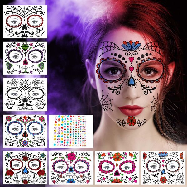 KunpengZen Halloween Face Stickers, Spider Fake Scars Halloween Temporary Tattoos, Horror Mouth Face Halloween Tattoo Stickers, Skull Floral Fake Face Tattoo for Women Men Boy Girl Party Dress Up