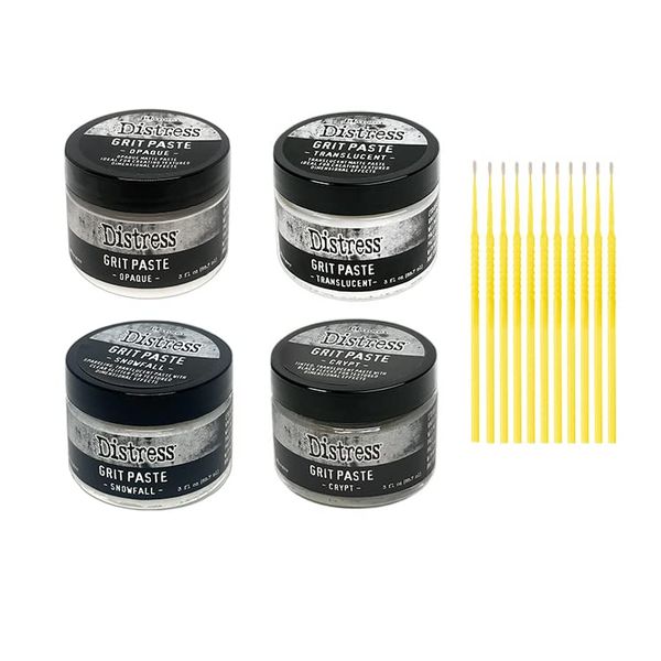 Ranger Distress Grit Paste 4 Pack Bundle - Translucent, Opaque, Snowfall, and Crypt - with Trebbies Detail Sticks