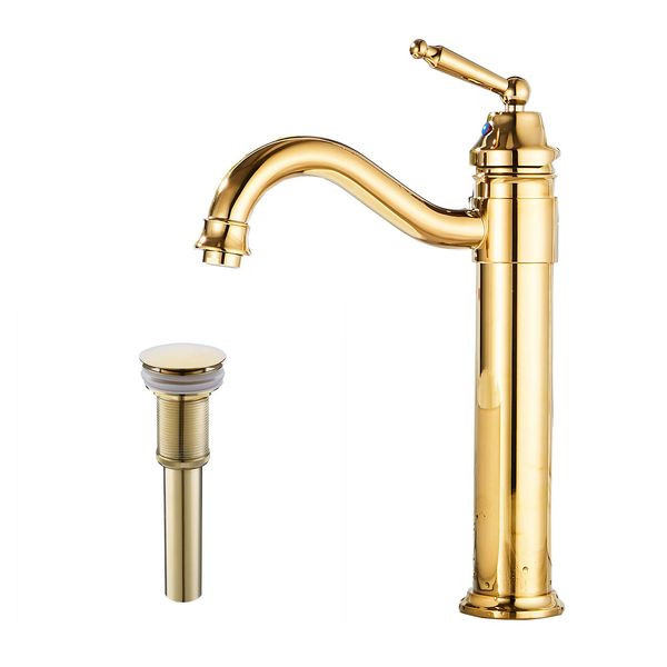 GGStudy Tall Body Single Handle One Hole Bathroom Vessel Sink Faucets Gold Finish with Pop Up Drian Without Overflow