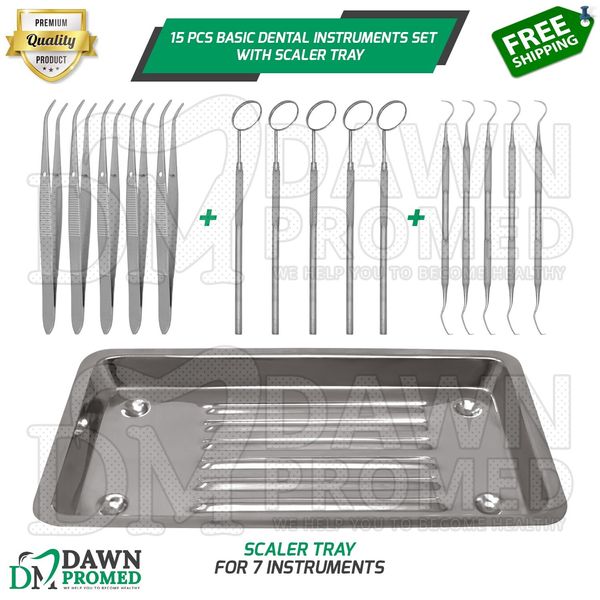 15 Pcs Basic Dental Instrument Set With Scaler Tray For Teeth Cleaning German Gr