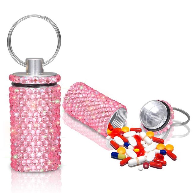 Artscope Crystal Diamond Keychain Pill Box, Waterproof Pill Box, Small Pill Box Case Outdoors, Medicine Bottle,Keychain Container Colorful, Pill Box Keyring (Pink)