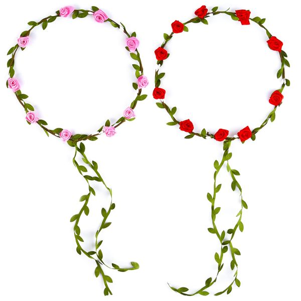 PLULON 2Pcs Flower Crown Headband Women Garland Headband Hair Floral Wreath Boho Headpiece for Girls Wedding Festival Hair Accessories (Red+Pink)