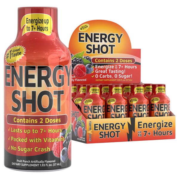 Grade A Quality Shots, Fruit Punch Flavor, Up to 7+ Hours of Energy, 1.93 Fl Oz, 12 Count