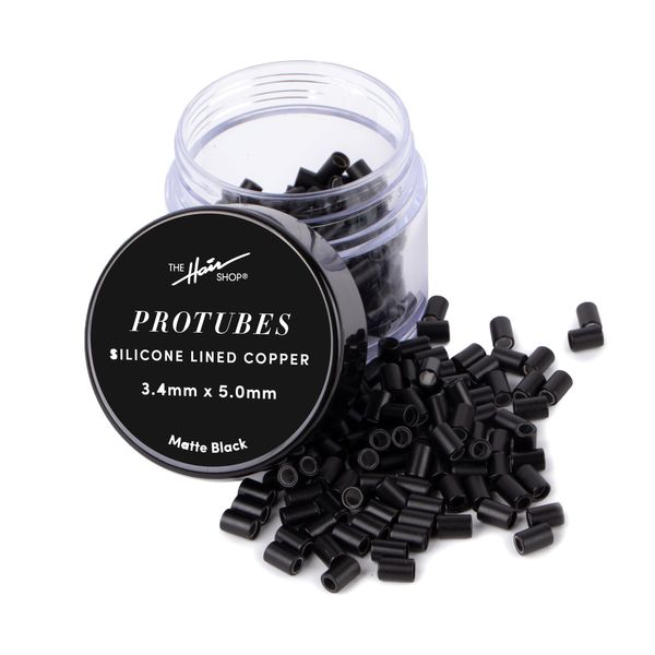 Matte Protubes by The Hair Shop, For I-Tip Hair Extension Silicone-Lined Micro Beads, Microlink, Rings, & Hand-tied Weft Methods, 3.4mm x 5.0mm (Matte Black)