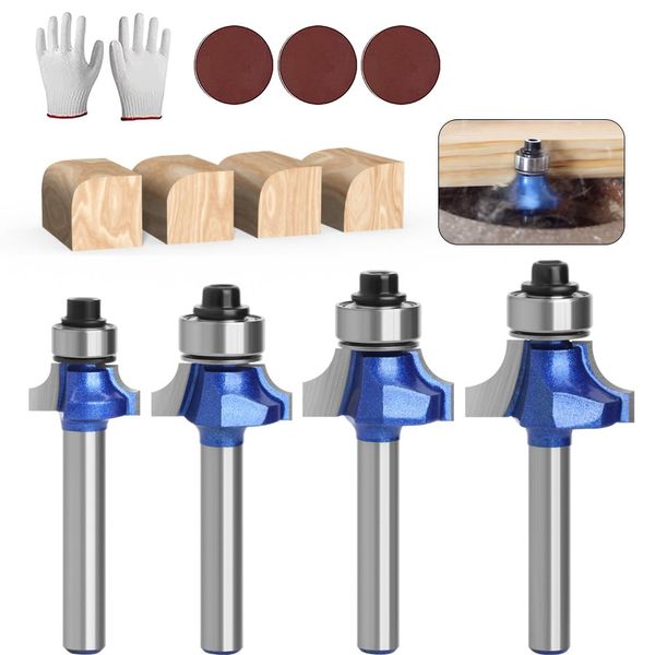 Breezliy 4 Pcs Round Bit Square Face Router Bit Diameter 0.2 inch (6 mm) Carbide Trimmer, Router Bit, Router Bearing, Electric Trimmer Bit, For DIY Carpentry