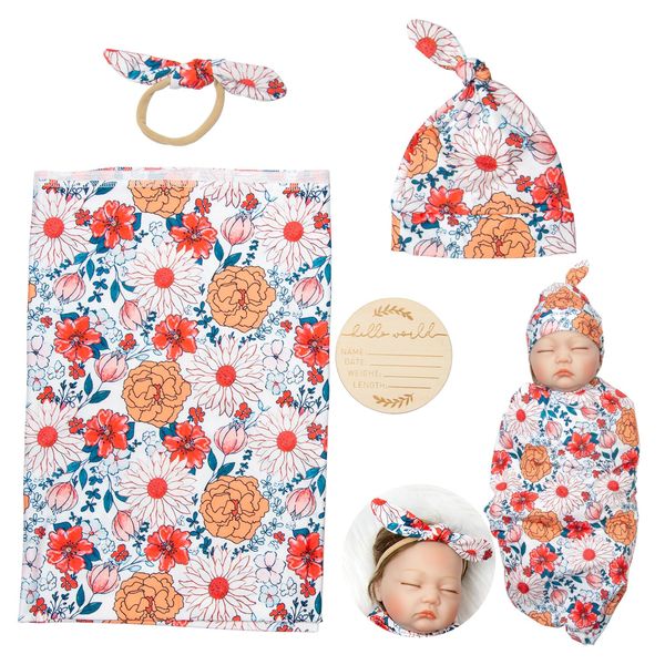 22 inch Reborn Baby Doll Accessories Swaddle Set 4 Pcs Orange Print Suit for 17-22 inch Reborn Baby Doll Swaddle Blanket Hat Card