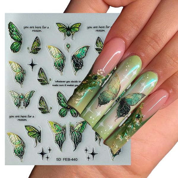 5D Green Butterfly Nail Art Stickers Decals,Star Butterfly Nail Stickers for Nail Art,Gold Mystical Vibes Butterfly Delicate Nail Art Decal Supplies for Women Salon DIY Acrylic Nails Design Decoration