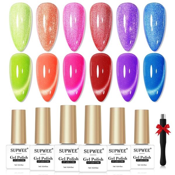 SUPWEE Summer Neon Cat Eye Gel Nail Polish Set, 6 Colors 9D Cat Magnetic Gel with Magnet Stick Bright Colors Holographic Glitter Cat Eye Gel Kit for Nail Salon DIY at Home 7ml