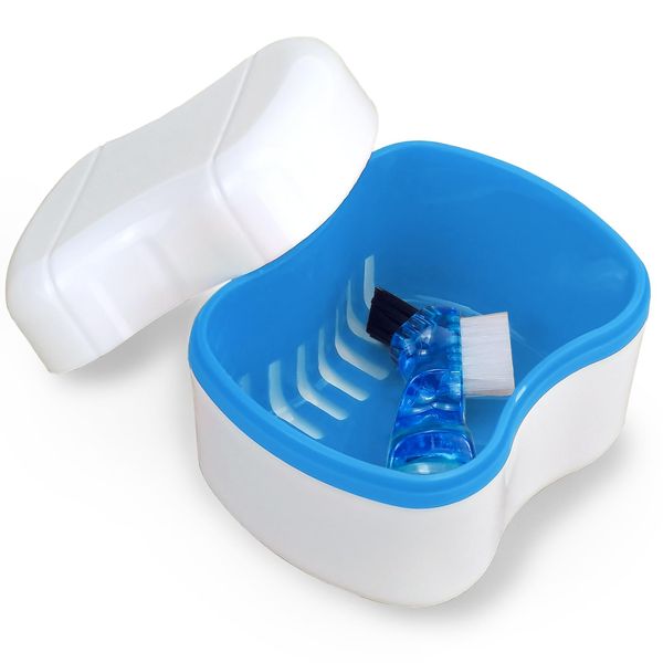 Keedolla Denture Boxes with Cleaning Brush, Denture Retainer Case Denture Bath Cleaning Soaking Cup Mouth Guard Holder Case Holder - Blue