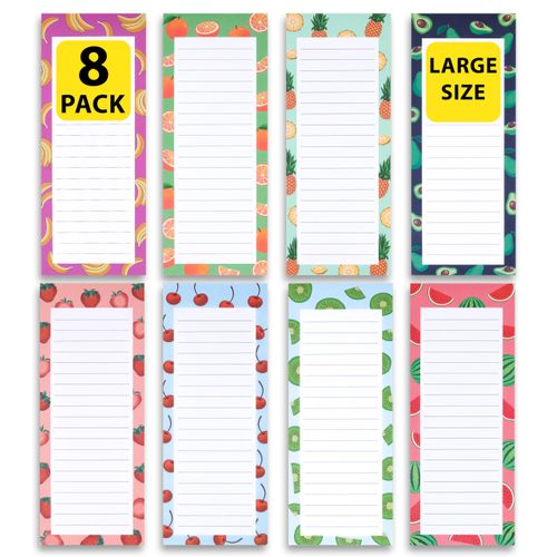 8 Large Magnetic Notepads – Notepads for Grocery List, Shopping List, To-Do List, Reminders -Strong Magnetic Back- Memo Notepad with Realistic Fruit Designs | 60 Sheets per Pad 9 x 3.5 inch (8 Pack)