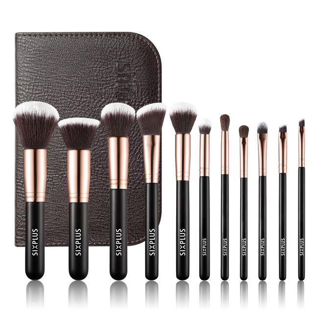 Noble Gold Makeup Brush 11 Piece Set With Brown Cosmetic Pouch (Noble Gold)