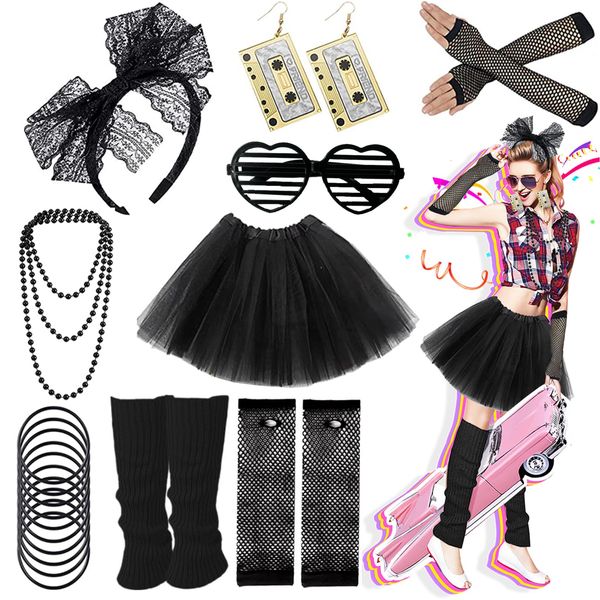 Ronilp 80s Fancy Dress for women,1980s Fancy Party Black Costume Accessories Set, Tutu Skirt Leg Warmers Necklace Bracelets Fishnet Gloves 80s Lace Bow Headband Tape Earrings Sunglasses