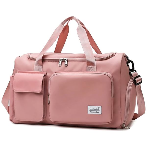 Suruid Travel Yoga Duffel Bag with Shoes Compartment Sports Gym Handbag with Dry Wet Separated Pocket for Training Men and Women, Overnight /Weekender Bag - Pink