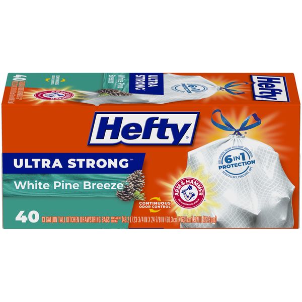 Hefty Ultra Strong Tall Kitchen Trash Bags, White Pine Breeze Scent, 13 Gallon, 40 Count