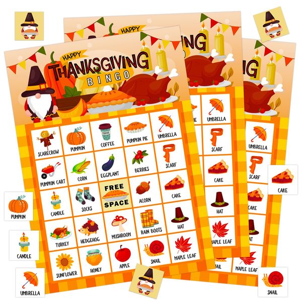 WhatSign Thanksgiving Bingo Games for Kids Adults 26 Players Gnome Thanksgiving Bingo Cards Happy Thanksgiving Party Games Bingo Cards Fall Autumn Thanksgiving Activities Classroom Family Party Favors