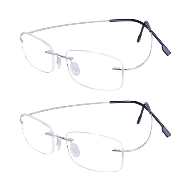 JoXiGo 2Pack Rimless Reading Glasses Super Lightweight Flexible Frame + Glasses Strap,Silver+3.0
