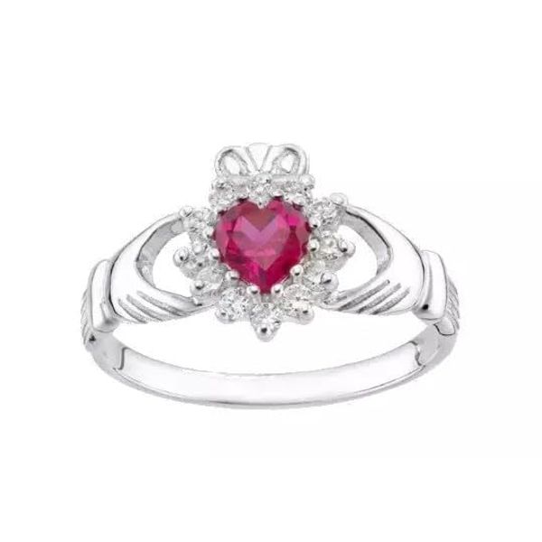 Sterling Silver Ruby Claddagh Ring - size J to V (V)