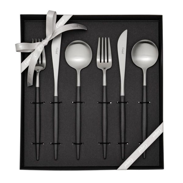 Authentic Cutipol GOA Black/Matte Silver Dinner Set (2 Knife/Fork/Spoon) Set of 6 Authentic Ribbon Hanger, Presentation Box