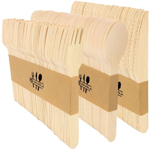 OWLKELA 300pcs Wooden Disposable Cutlery Set, BPA Free Biodegradable Renewable Wood Eco Friendly for Picnic Party - 100 Forks, 100 Knives, 100 Spoons