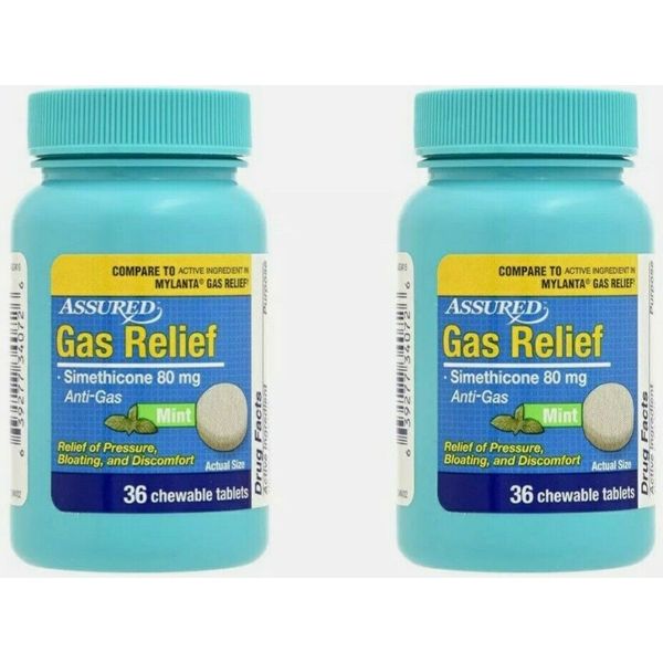 2-PK Assured Simethicone Gas Relief Chewable Tablets 80mg Anti-Gas Bloating 72CT