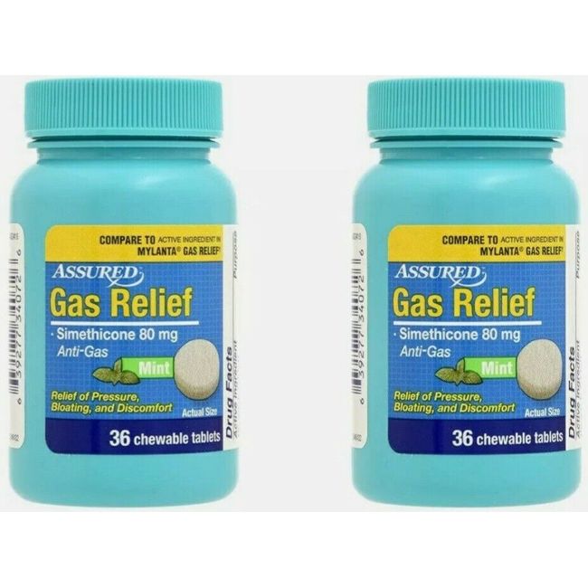 2-PK Assured Simethicone Gas Relief Chewable Tablets 80mg Anti-Gas Bloating 72CT