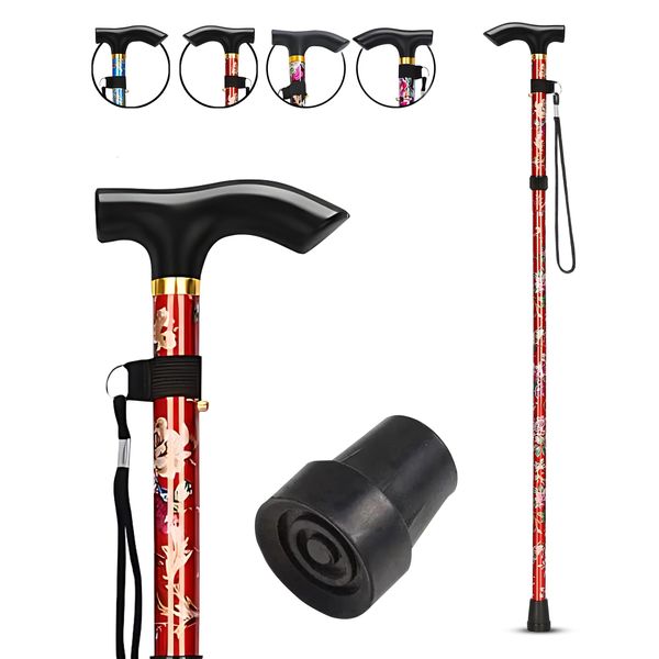 HATAF® Walking Stick, Folding Walking Sticks for Women, Folding Walking Sticks for Men, Mobility Aids walking stick rubber ends, disability aids folding walking sticks for ladies (Red Flowers)