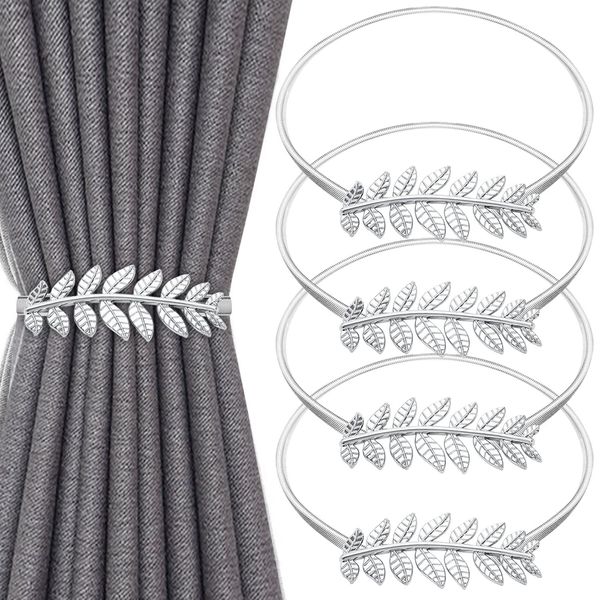 IAGORYUE Curtain Tie Backs 4 Pcs Metal TieBacks Clips with Adjustable Spring Rope, Drapery Holdbacks Holder Buckle for Home Office Hotel Window Drape Deco No-Install/Drill/Hooks/Magnetic (Silver Leaf)