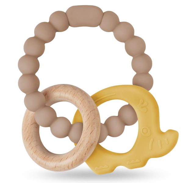 Vicloon Teething Toys for Baby, Silicone and Wood Teether, Baby Teether Toys Teether Chew Toy, Easy to Hold and Clean Up, Octopus Teething Toy Silicone chewlery for Boys&Girls (Grey)