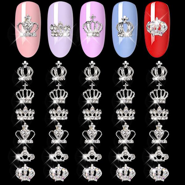 JERCLITY 30 Pieces Luxury 3D Silver Crown Nail Charms for Nails Alloy Crown Nail Jewels Diamonds Nail Art Charms for Nails Alloy 3D Charms for Women Nail Decorations Kit