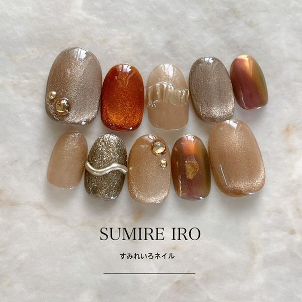 Nail tips False nails Bridal nails Short Coming-of-age nails Design Simple nails Nail Beige nails Small nails Large nails Very short Chibi nails Adult nails False nails Custom nails<br> [o2176] Beige/brown magnet mirror line