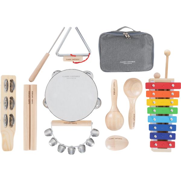 Classic Cantabile Kinder-Percussion Set - 13-Teiliges Percussion Set mit Glockenspiel, Tambourin aus Holz, Maracas, Triangel und Egg-Shaker - Ideal für Kindergarten und Musikalische Früherziehung