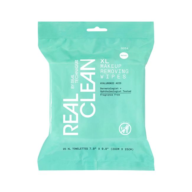 Real Techniques Real Clean XL Makeup Removing Wipes, Hydrating Facial Wipes, Infused With Hyaluronic Acid, Dual-Usage Cleansing Wipes Repair Skin & Gently Remove Makeup, Fragrance Free, 25 Count