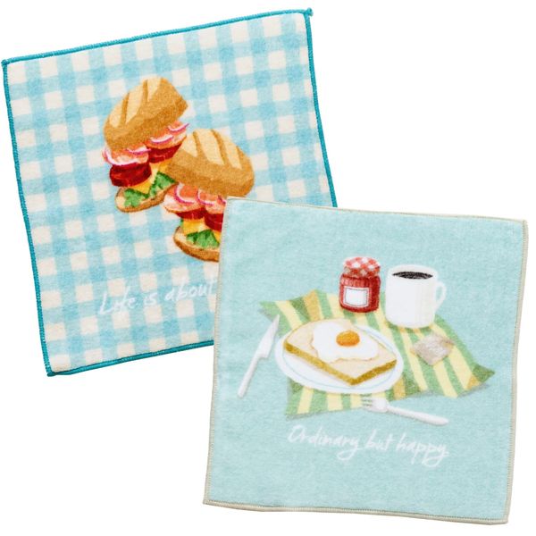 B-PLAID Handkerchief, Towel Handkerchief, Imabari Towel, Set of 2, Made in Japan, Printed Handkerchief, Approx. 7.9 x 7.9 inches (20 x 20 cm), Quick Drying, Instant Absorption, 100% Cotton, Mini Size, Girls, Boys, Women's, Sandwich (blue) + Breakfast (blu