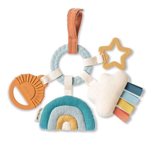 Itzy Ritzy Teething Activity Toy - Bitzy Busy Features Braided Ring and Dangling Toys, Includes Teether, Textured Ribbons, Crinkle Sound & Jingle Bell, Rainbow