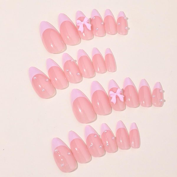 24Pcs French Press on Nails Almond Fake Nails Cute Pink False Nails with Bow Pearl Design Pink French Tip Acrylic Nails Luxury Glue on Nails Full Cover Artificial Nails for Women Manicure Accessories